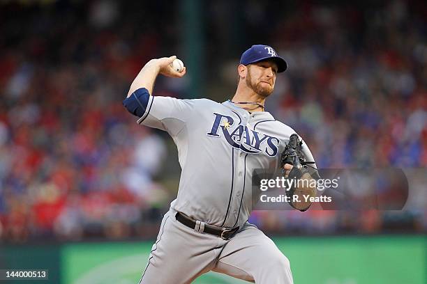 Jeff Niemann of the Tampa Bay Rays delivers a pitch against the Texas Rangers at Rangers Ballpark in Arlington on April 28, 2012 in Arlington, Texas.