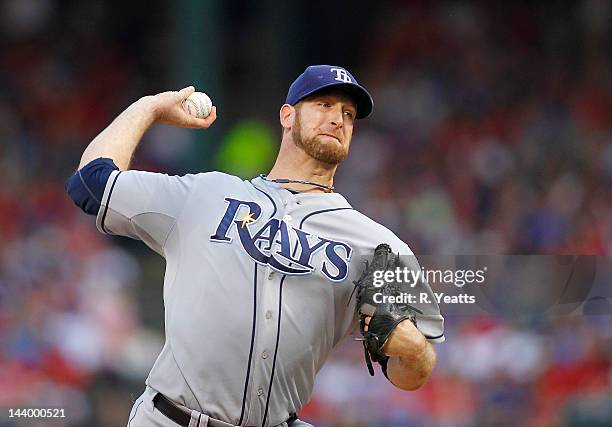 Jeff Niemann of the Tampa Bay Rays delivers a pitch against the Texas Rangers at Rangers Ballpark in Arlington on April 28, 2012 in Arlington, Texas.