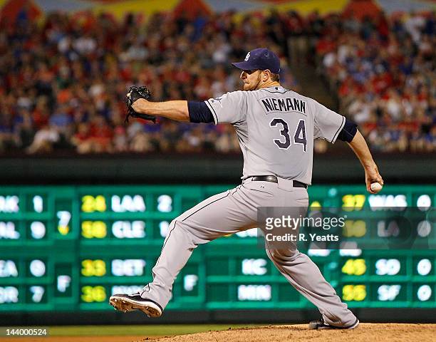 Jeff Niemann of the Tampa Bay Rays delivers a pitch against the Texas Rangers at Rangers Ballpark in Arlington on April 28, 2012 in Arlington, Texas.