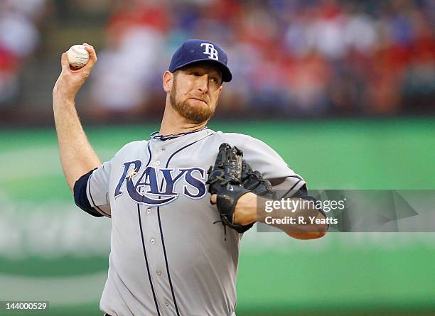 Jeff Niemann of the Tampa Bay Rays delivers a pitch against the Texas Rangers at Rangers Ballpark in Arlington on April 28, 2012 in Arlington, Texas.