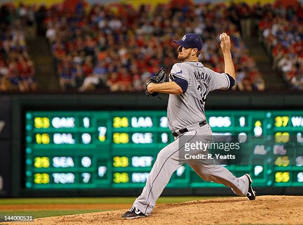 Jeff Niemann of the Tampa Bay Rays delivers a pitch against the Texas Rangers at Rangers Ballpark in Arlington on April 28, 2012 in Arlington, Texas.
