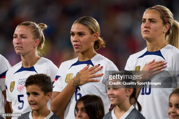 Trinity Rodman of United States reacts with national anthem prior the game during the Women´s International friendly match between United States and...