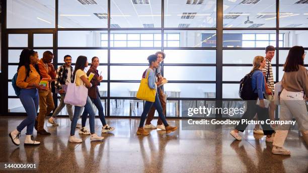 college students talking while walking down a hall at school between classes - escola secundária educação imagens e fotografias de stock