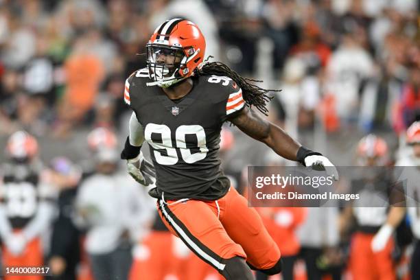 Jadeveon Clowney of the Cleveland Browns rushes the line of scrimmage during the first half against the Cincinnati Bengals at FirstEnergy Stadium on...