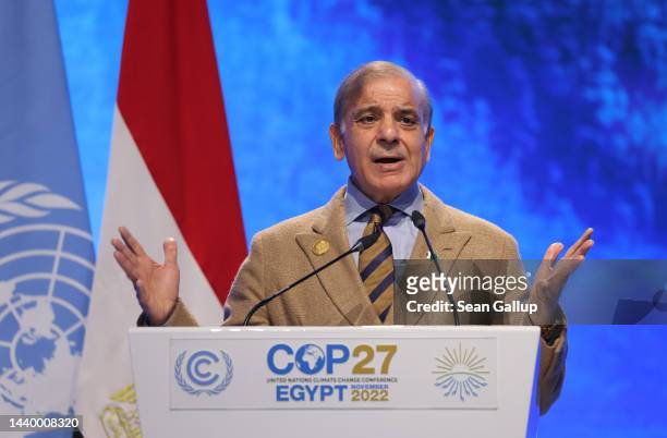 Pakistani Prime Minister Shehbaz Sharif, whose country experienced devastating floods earlier this year, speaks during the Sharm El-Sheikh Climate...