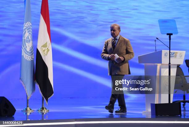 Pakistani Prime Minister Shehbaz Sharif, whose country experienced devastating floods earlier this year, leaves the podium after speaking during the...