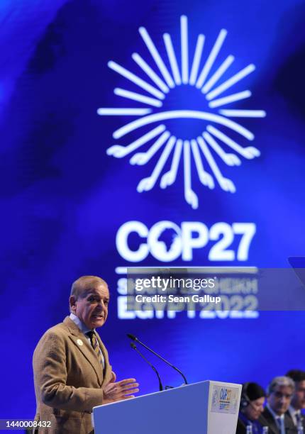 Pakistani Prime Minister Shehbaz Sharif, whose country experienced devastating floods earlier this year, speaks during the Sharm El-Sheikh Climate...