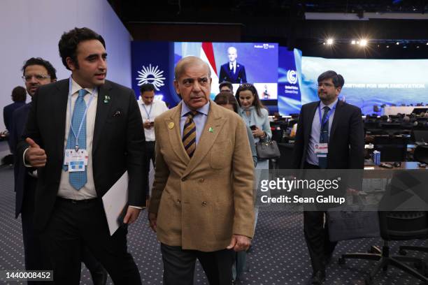 Pakistani Prime Minister Shehbaz Sharif, whose country experienced devastating floods earlier this year, departs after speaking during the Sharm...