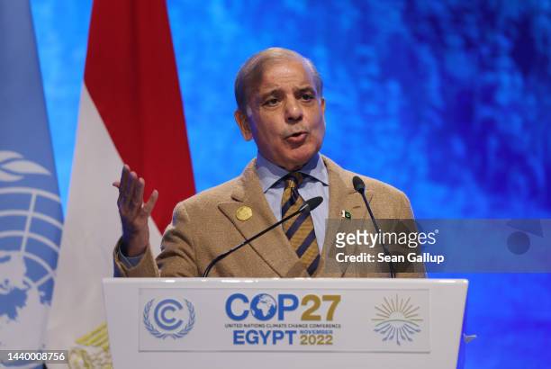 Pakistani Prime Minister Shehbaz Sharif, whose country experienced devastating floods earlier this year, speaks during the Sharm El-Sheikh Climate...