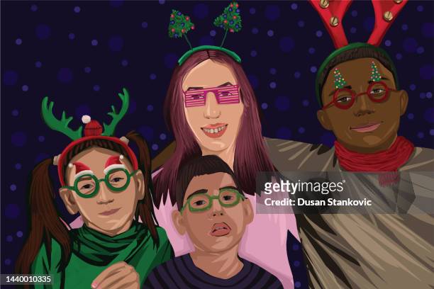 stockillustraties, clipart, cartoons en iconen met multicultural family  having fun on new year's day at home - extended family diversity