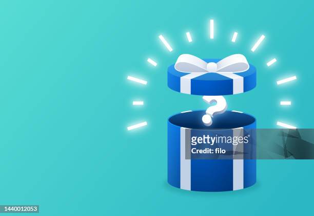 ilustraciones, imágenes clip art, dibujos animados e iconos de stock de mystery gift surprise present box - asombro