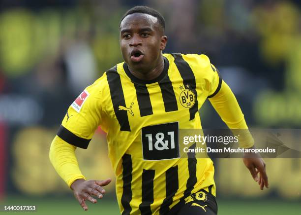 Youssoufa Moukoko of Borussia Dortmund celebrates scoring his teams first goal of the game during the Bundesliga match between Borussia Dortmund and...