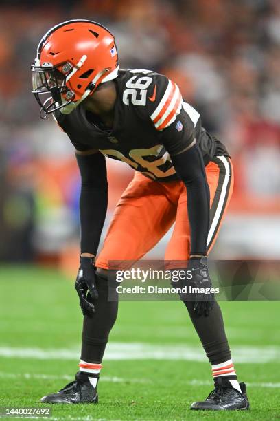 Greedy Williams of the Cleveland Browns waits for the snap during the second half against the Cincinnati Bengals at FirstEnergy Stadium on October...