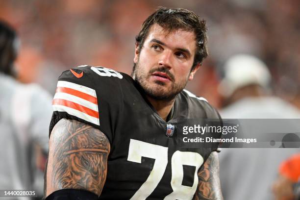 Jack Conklin of the Cleveland Browns looks on during the second half against the Cincinnati Bengals at FirstEnergy Stadium on October 31, 2022 in...