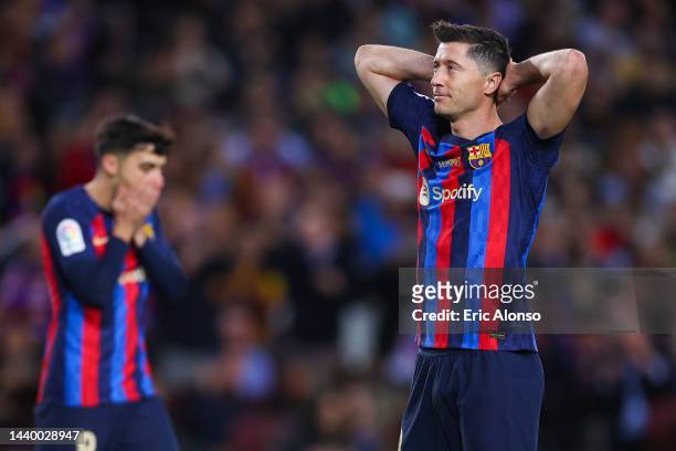 Robert Lewandowski FC Barcelona reacts during the LaLiga Santander match between FC Barcelona and UD Almeria at Spotify Camp Nou on November 05, 2022...
