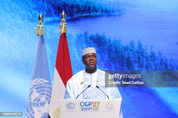 Abdoulaye Maiga, Prime Minister of Mali, speaks during the Sharm El-Sheikh Climate Implementation Summit of the UNFCCC COP27 climate conference on...