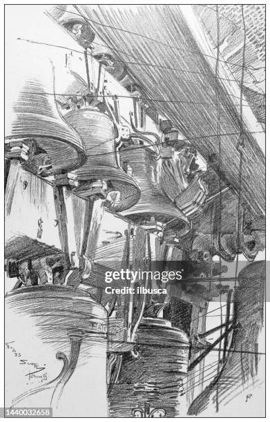 antique image: belfry of bruges, bells - munich glockenspiel stock illustrations