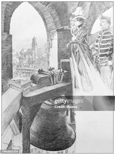 illustrazioni stock, clip art, cartoni animati e icone di tendenza di immagine antica: campanile di bruges - campanile orologio