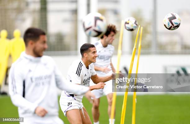 Lucas Vázquez player of Real Madrid is training with teammates at Valdebebas training ground on November 08, 2022 in Madrid, Spain.