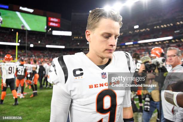 Joe Burrow of the Cincinnati Bengals walks off the field after the teams 32-13 loss to the Cleveland Browns at FirstEnergy Stadium on October 31,...