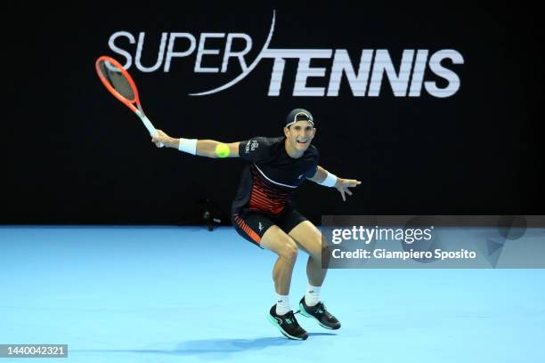 Francesco Passaro of Italy returns a backhand during his match against Jiri Lehecka of Czech Republic during day one of the Next Gen ATP Finals at...