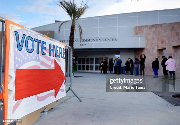 Voters wait in line to cast their ballots at the Desert Breeze Community Center polling place on November 08, 2022 in Las Vegas, Nevada. After months...