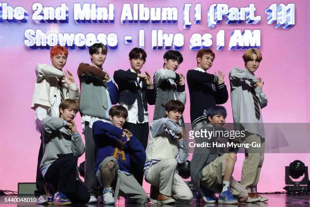 Taehun, Minjun, Jewon, Seowon, Eden, Vari, Jiho, Vahn, Winnie and Joohyoung of boy band Nine. I attend "NINE. I" The 2nd Mini Album 'I' Showcase at...