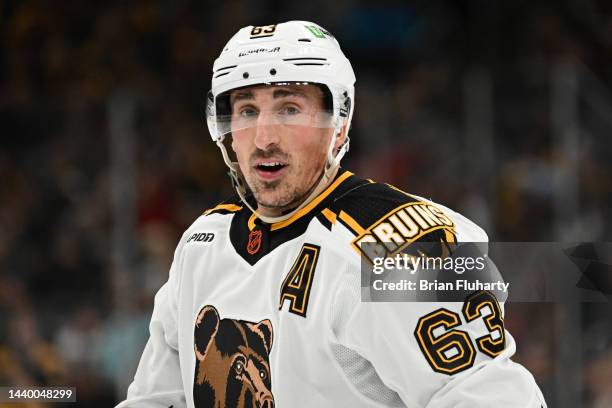 Brad Marchand of the Boston Bruins watches a face-off St. Louis Blues during the third period at the TD Garden on November 07, 2022 in Boston,...