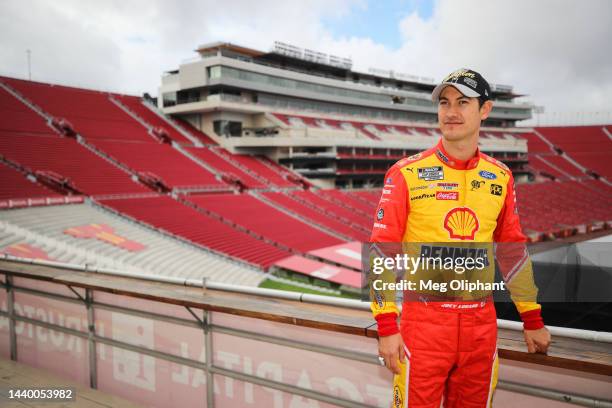 Joey Logano, driver of the Shell Pennzoil Ford, poses at LA Memorial Coliseum on November 08, 2022 in Los Angeles, California.