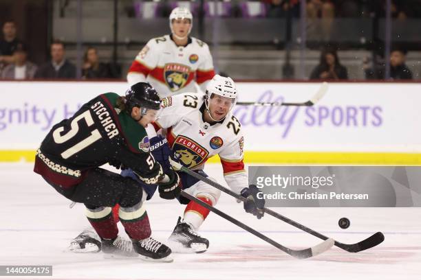 Carter Verhaeghe of the Florida Panthers and Troy Stecher of the Arizona Coyotes skate for the puck during the NHL game at Mullett Arena on November...