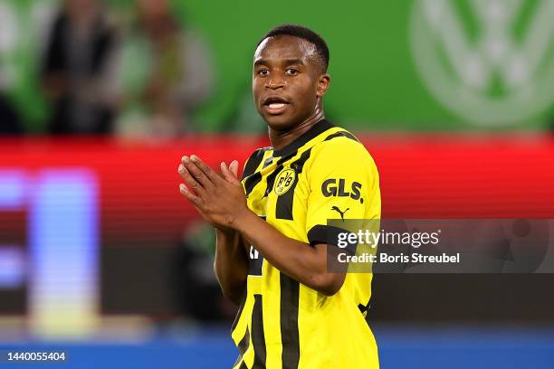 Youssoufa Moukoko of Borussia Dortmund reacts during the Bundesliga match between VfL Wolfsburg and Borussia Dortmund at Volkswagen Arena on November...