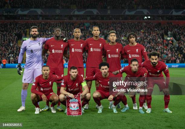 The Liverpool team line up, back row l-r, Alisson Becker, Ibrahima Konate, Fabinho, Virgil van Dijk, Roberto Firmino, Trent Alexander-Arnold, front...