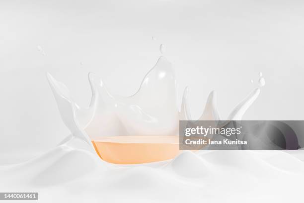 beauty podium for showing your product. 3d background. platform and splash of white liquid. - 乳液 ストックフォトと画像