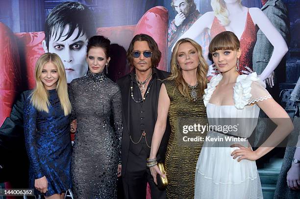 Actors Chloe Grace Moretz, Eva Green, Johnny Depp, Michelle Pfeiffer, and Bella Heathcote arrive at the premiere of Warner Bros. Pictures' "Dark...