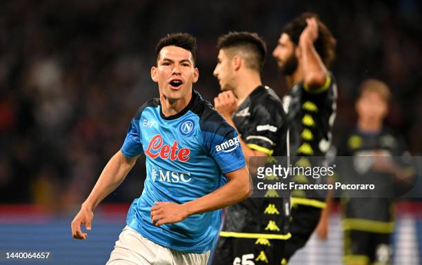 Hirving Lozano of SSC Napoli celebrates after scoring their sides first goal from the penalty spot during the Serie A match between SSC Napoli and...