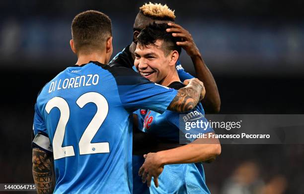 Hirving Lozano of SSC Napoli celebrates with teammates Victor Osimhen and Giovanni Di Lorenzo after scoring their sides first goal from the penalty...