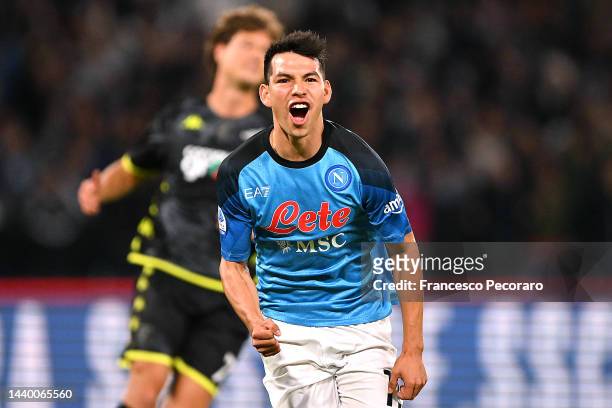 Hirving Lozano of SSC Napoli celebrates after scoring their sides first goal from the penalty spot during the Serie A match between SSC Napoli and...