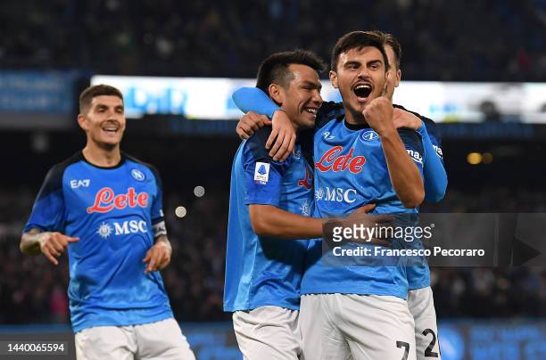 Hirving Lozano of SSC Napoli celebrates with teammate Eljif Elmas after scoring their sides first goal from the penalty spot during the Serie A match...