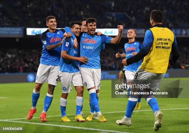 Hirving Lozano of SSC Napoli celebrates with teammate Eljif Elmas after scoring their sides first goal from the penalty spot during the Serie A match...