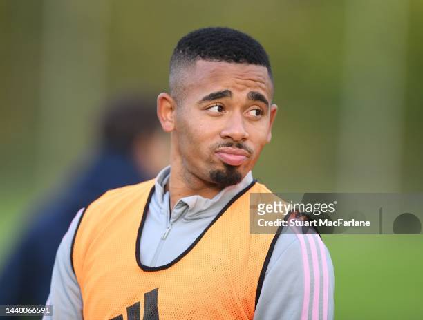 Gabriel Jesus of Arsenal during a training session at London Colney on November 08, 2022 in St Albans, England.