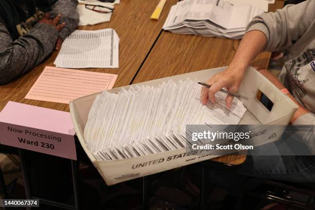 Workers count mail-in and in-person absentee ballots at the Wisconsin Center on November 08, 2022 in Milwaukee, Wisconsin. After months of candidates...