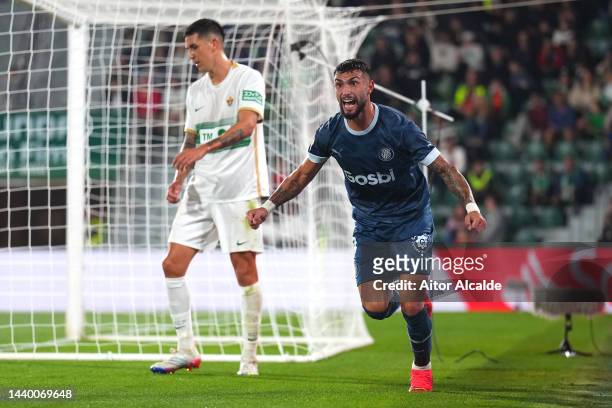 Valentin Castellanos of Girona FC celebrates after scoring their team's second goal during the LaLiga Santander match between Elche CF and Girona FC...