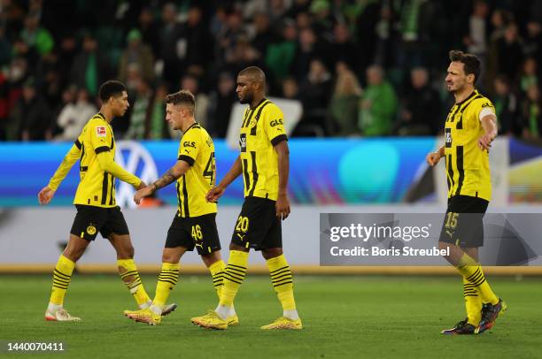 Jude Bellingham, Anthony Modeste, Marco Pasalic and Mats Hummels of Borussia Dortmund react following defeat in the Bundesliga match between VfL...