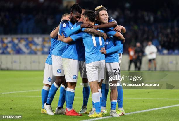 Piotr Zielinski of SSC Napoli celebrates with teammates after scoring their side's second goal during the Serie A match between SSC Napoli and Empoli...