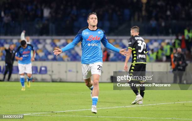 Piotr Zielinski of SSC Napoli celebrates after scoring their side's second goal during the Serie A match between SSC Napoli and Empoli FC at Stadio...