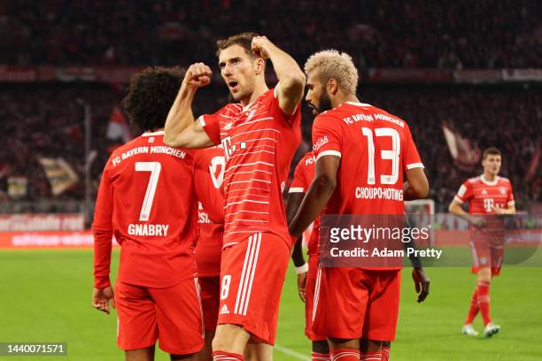 Leon Goretzka celebrates after Jamal Musiala of Bayern Munich scored their team's first goal during the Bundesliga match between FC Bayern Muenchen...