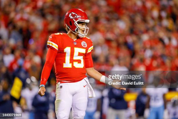 Patrick Mahomes of the Kansas City Chiefs waits for a play call during the first quarter against the Tennessee Titans at Arrowhead Stadium on...