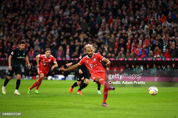 Eric Maxim Choupo-Moting of Bayern Munich has their penalty saved during the Bundesliga match between FC Bayern Muenchen and SV Werder Bremen at...