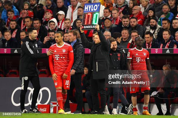 Sadio Mane is replaced by Leroy Sane of Bayern Munich during the Bundesliga match between FC Bayern Muenchen and SV Werder Bremen at Allianz Arena on...