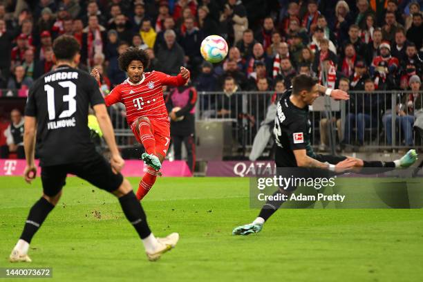 Serge Gnabry of Bayern Munich scores their team's second goal during the Bundesliga match between FC Bayern Muenchen and SV Werder Bremen at Allianz...